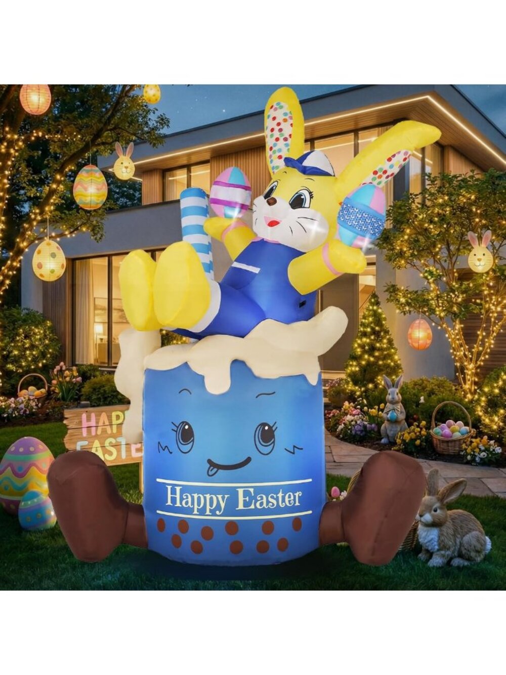 Giant 7.3FT Inflatable Easter Bunny in Blue Cup with LED Lights - Waterproof